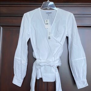 Ganni white poplin wrap top